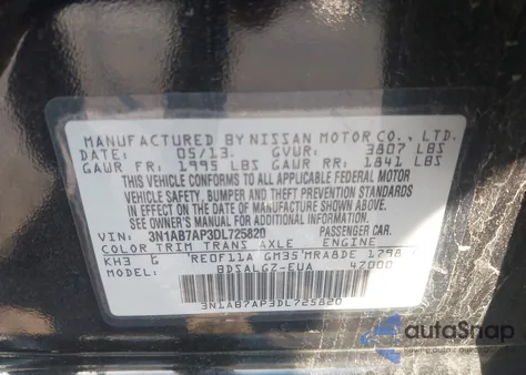 2013 Nissan Sentra Sl z USA, uszkodzony, nr VIN 3N1AB7AP3DL725820